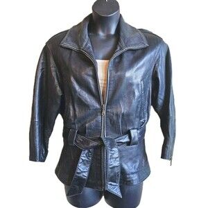 preston york lamb skin jacket XS Black Tie Waist Sexy Moto Biker Winter